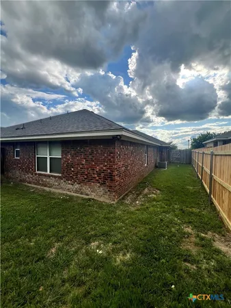 a view of a backyard with plants and a large tree