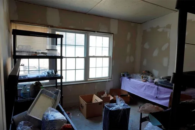 a view of a room with shelves