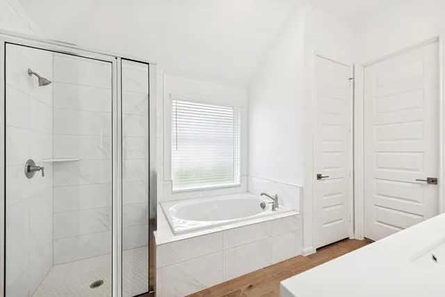 a bathroom with a bathtub and a shower