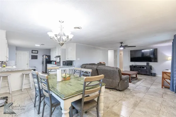 a view of a dining room with furniture