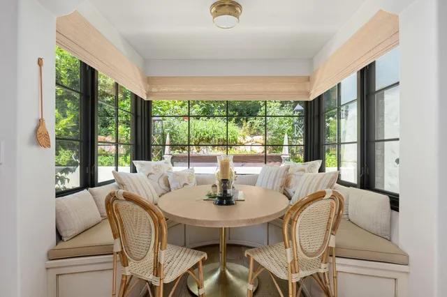 a view of a dining room with furniture window and outside view