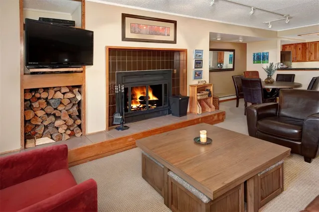 a living room with furniture a flat screen tv and a fireplace