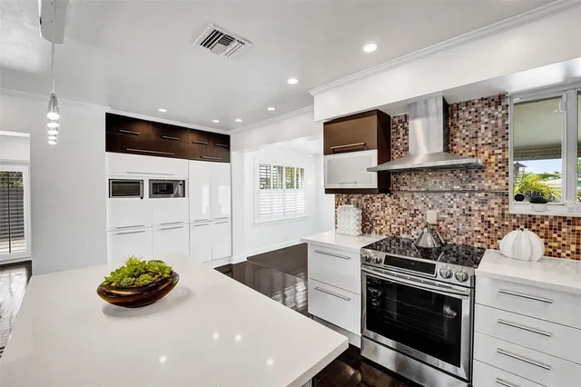 a kitchen with stainless steel appliances a stove microwave and cabinets