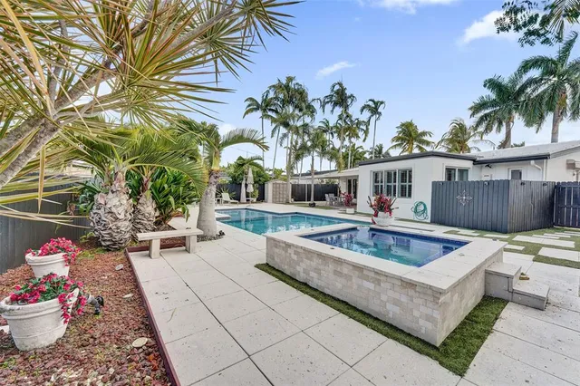 a view of a patio with swimming pool and furniture