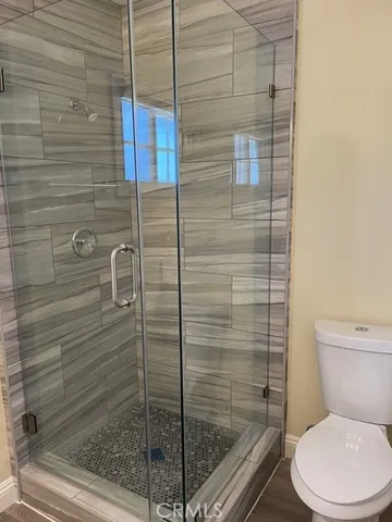 a bathroom with a shower and toilet