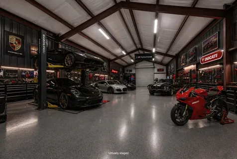 a view of a garage with parked cars