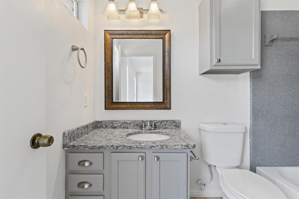 207 Panther Path Liberty Hill, TX 78642 - Photo 16 of 19 a bathroom with a granite countertop toilet sink and mirror