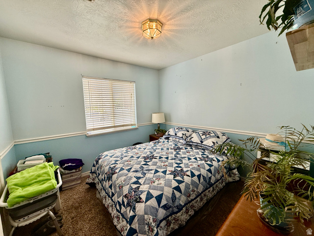 1353 360 West Payson, UT 84651 - Photo 10 of 16 Bedroom featuring light blue walls with white chair rail molding, a single window with horizontal blinds, and a built-in ceiling light fixture