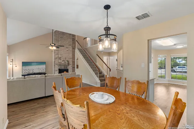 a view of a dining room with furniture