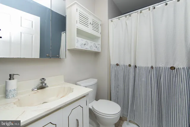a bathroom with a sink a toilet and shower curtain