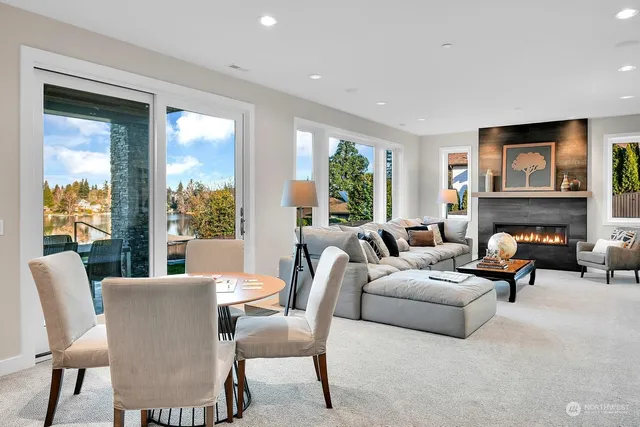 a workspace with furniture and a fireplace