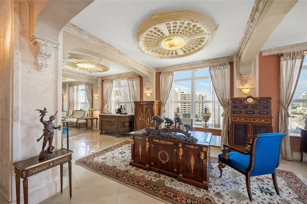 a view of an entryway and workspace