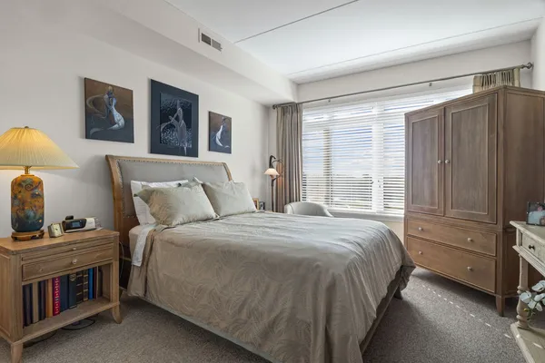 a bedroom with a bed and a cabinets