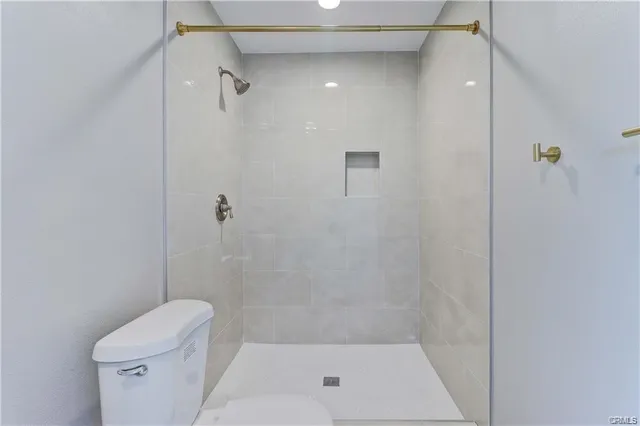 a bathroom with a shower and toilet