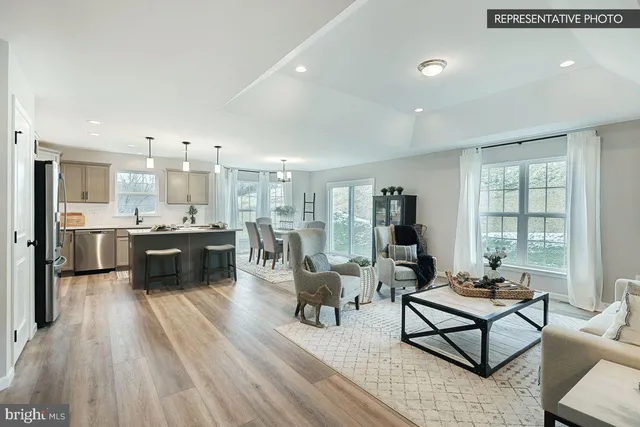a living room with couches and kitchen view with wooden floor