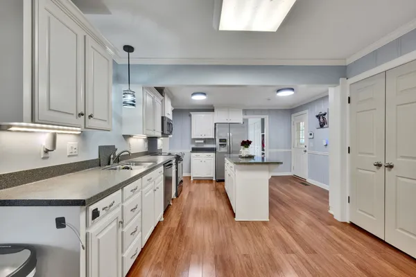 a large kitchen with a lot of counter space