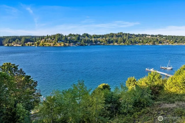 a view of a lake with houses in the back