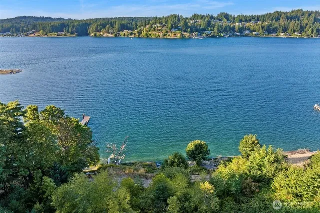 a view of a lake with a house in the background