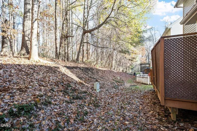 a view of a yard with large trees