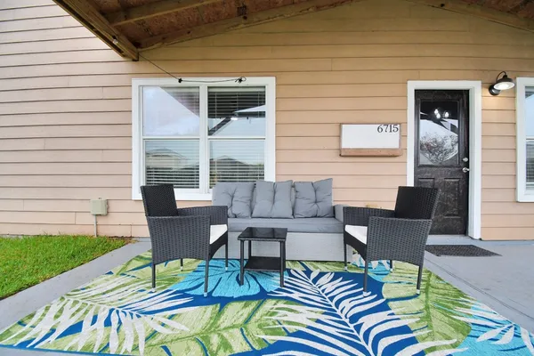 a building outdoor space with patio furniture