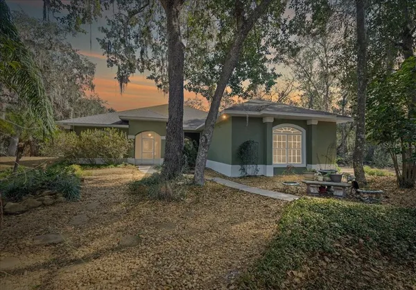 a view of a house with a yard and large tree