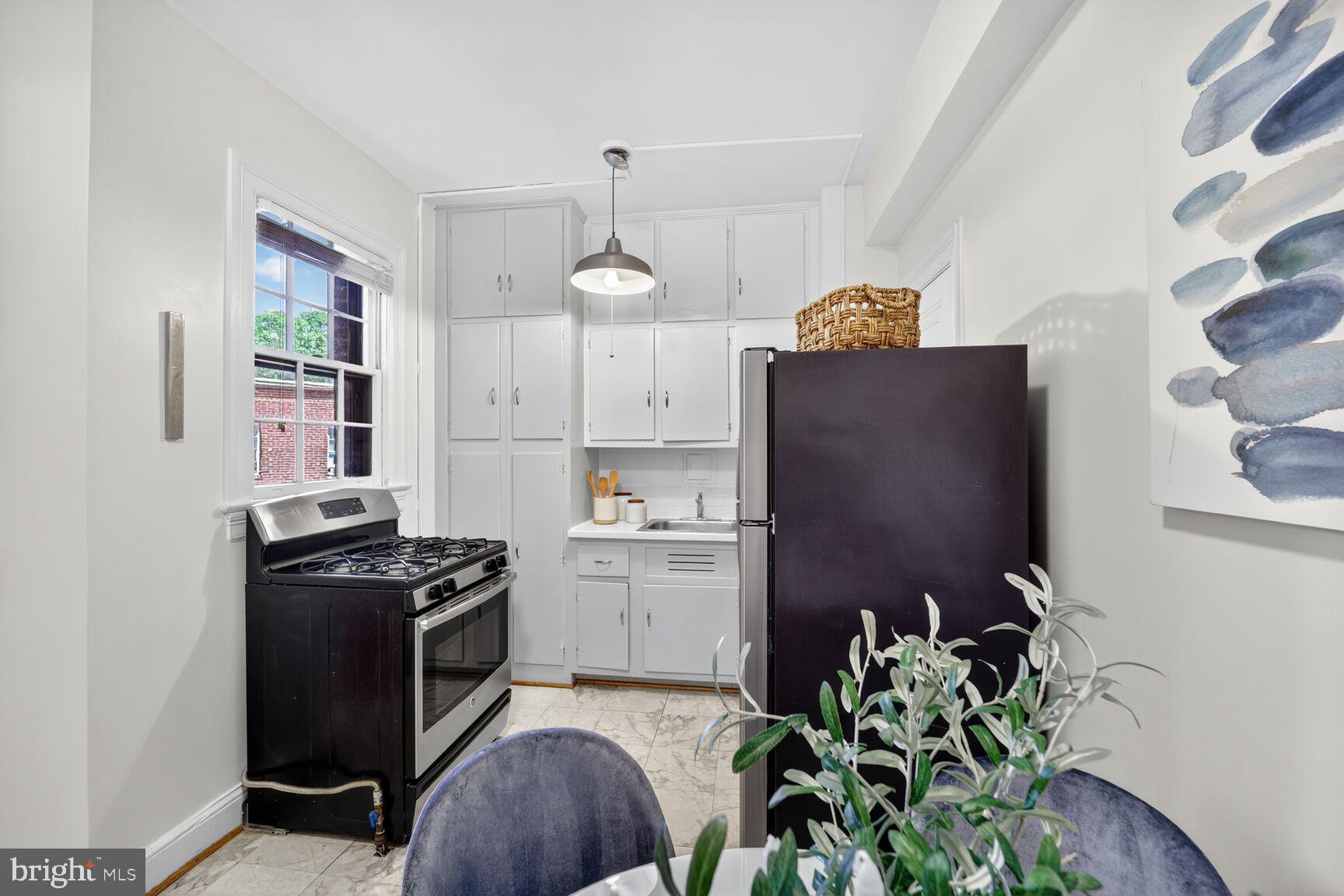 2707 Adams Mill Road Northwest, Unit 303 Washington, DC 20009 - Photo 18 of 27 a kitchen with stainless steel appliances a stove a refrigerator a sink a stove and wooden floors