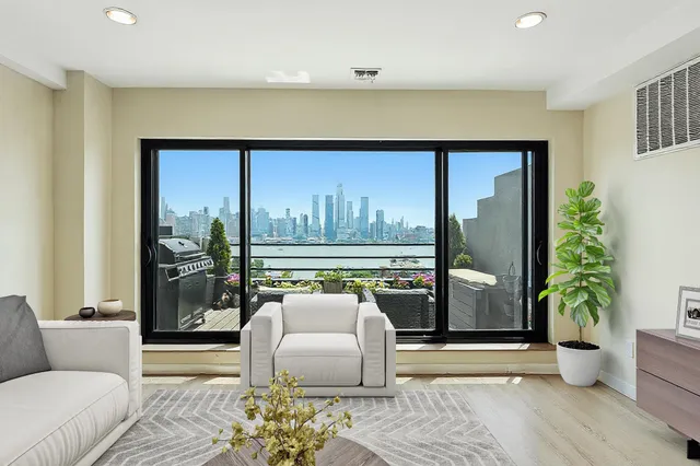 a living room with couch and a potted plant