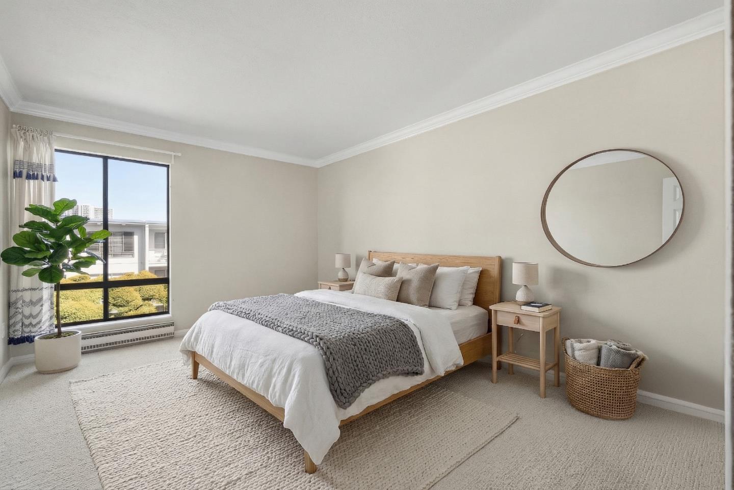 8 Commodore Drive, Unit C457 Emeryville, CA 94608 - Photo 18 of 48 a bedroom with a bed a mirror and a window