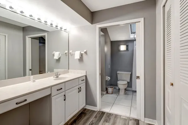 a bathroom with a toilet sink and mirror