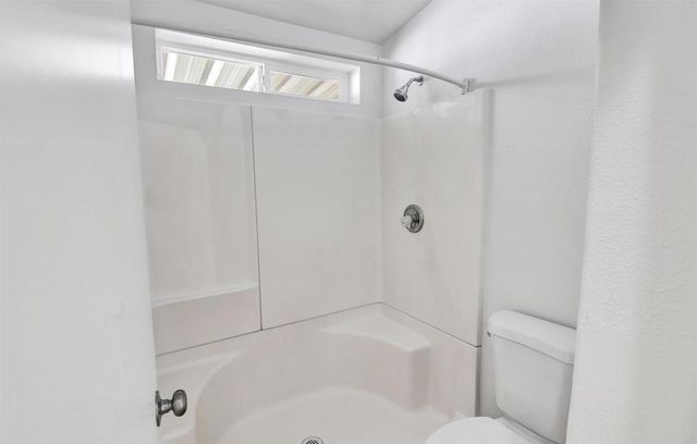 a bathroom with a shower and toilet