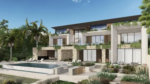 a building outdoor space with patio furniture and potted plants