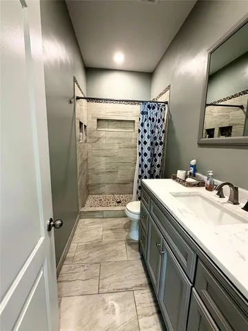 a bathroom with a double vanity sink toilet mirror and shower