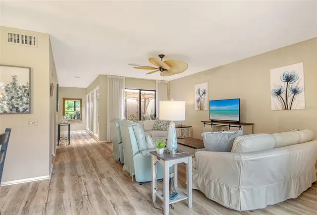 a view of a dining room with furniture