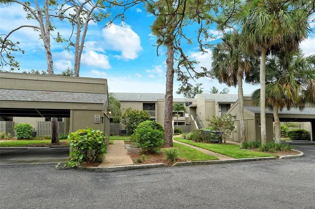 front view of a house with a yard and palm trees