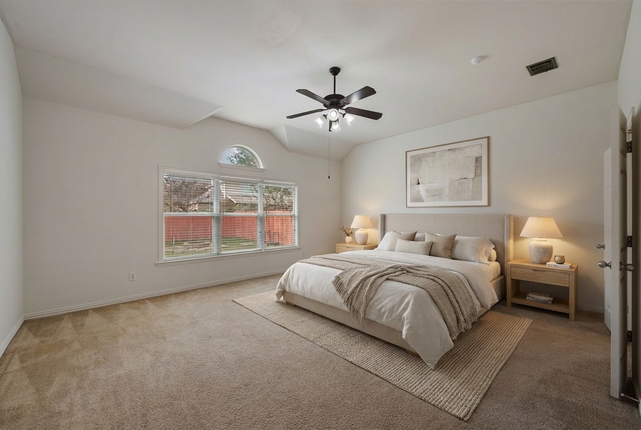 2415 Elkhorn Ranch Road Leander, TX 78641 - Photo 11 of 39 a spacious bedroom with two beds and a ceiling fan