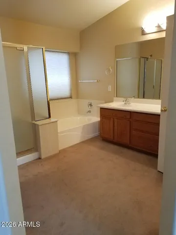 a bathroom with a tub sink and mirror