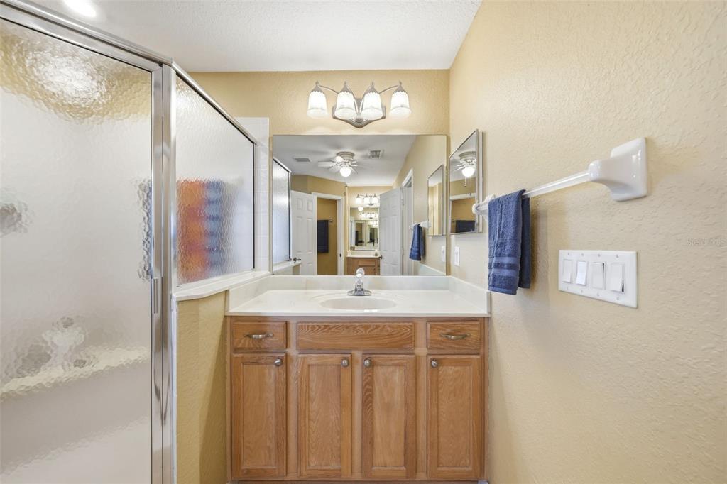 17083 Southeast 115th Terrace Road Summerfield, FL 34491 - Photo 24 of 61 a bathroom with a granite countertop sink a large mirror and a shower