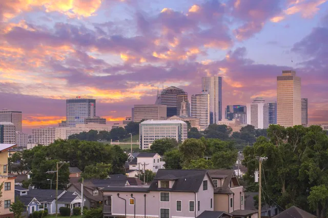 a city view with tall buildings