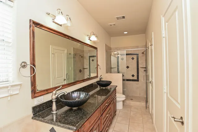 a bathroom with a granite countertop sink a toilet and shower