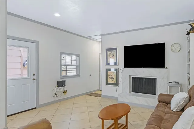a living room with fireplace furniture and a flat screen tv