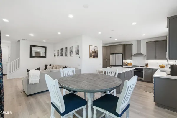a view of a dining room with furniture