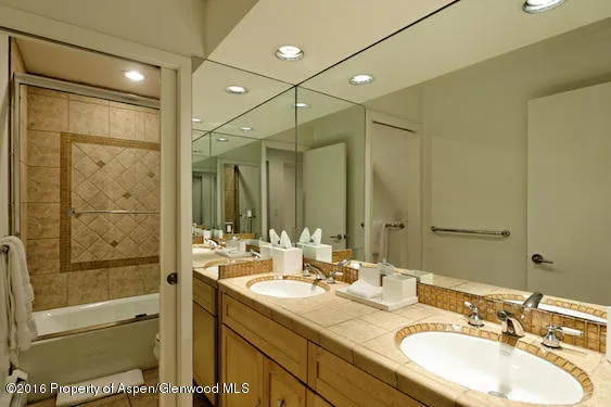 a bathroom with a double vanity sink mirror and shower