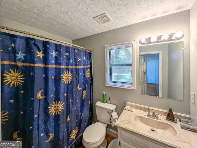 a bathroom with a sink vanity and toilet