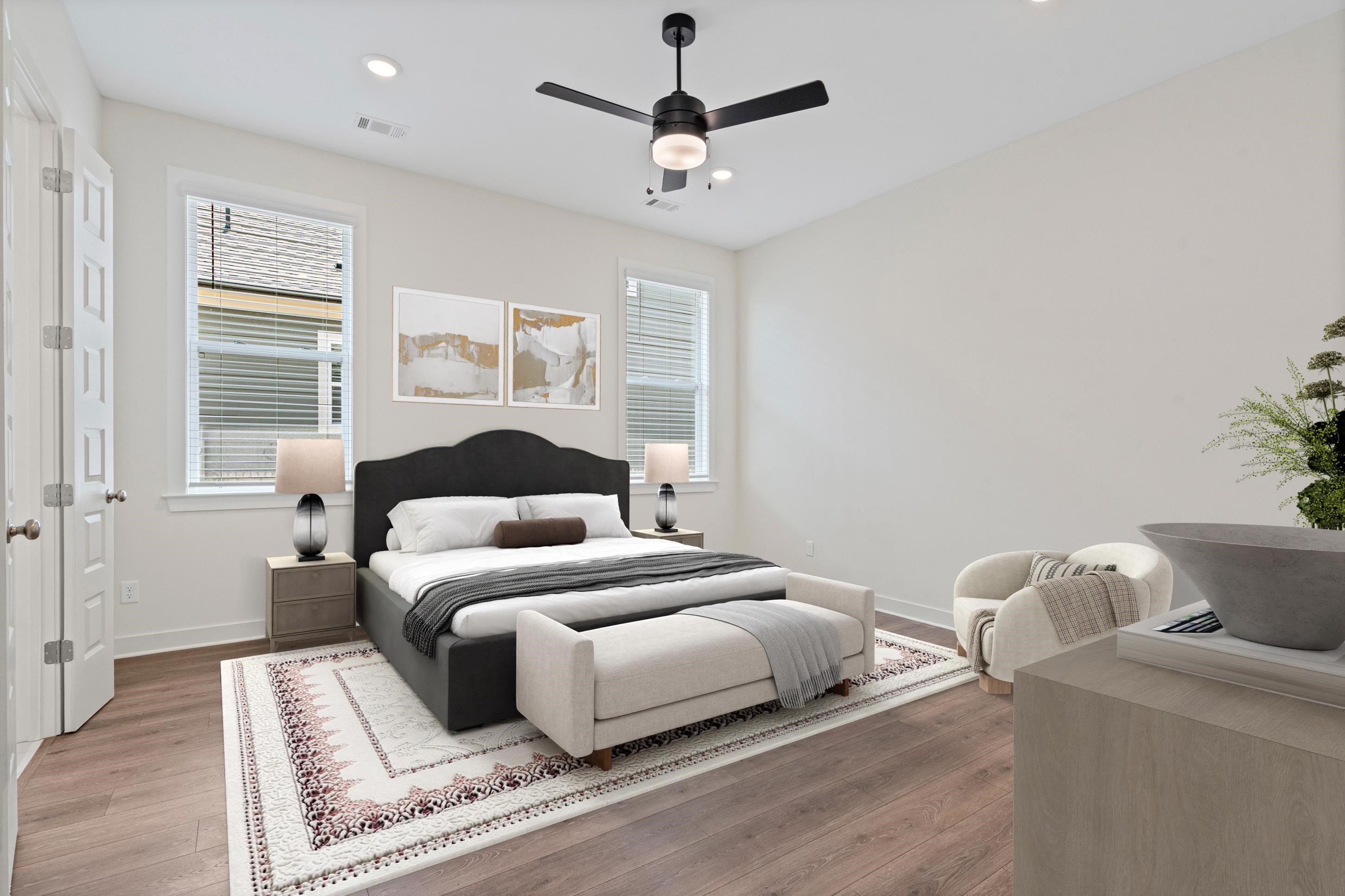 5702 Gerber Road Arlington, TN 38002 - Photo 25 of 27 Bedroom featuring wood-finish flooring, two large windows with blinds, recessed lighting, and a ceiling fan with integrated light