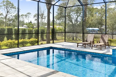 a swimming pool view from a balcony