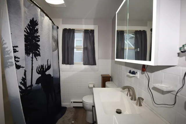a bathroom with a sink mirror and toilet