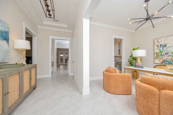 a view of a dining room with furniture