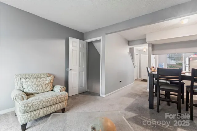 a living room with furniture and a dining table