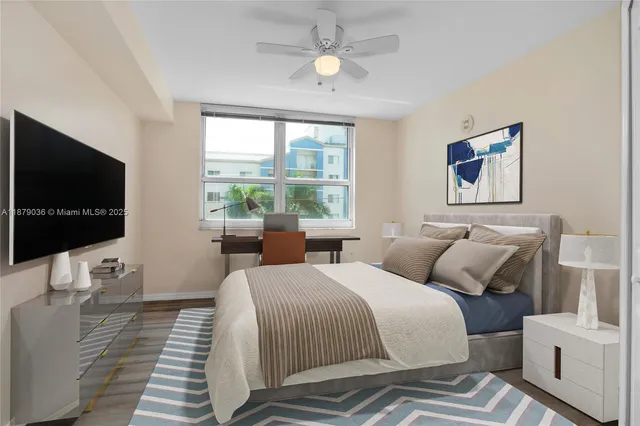 a bedroom with two beds and a flat screen tv