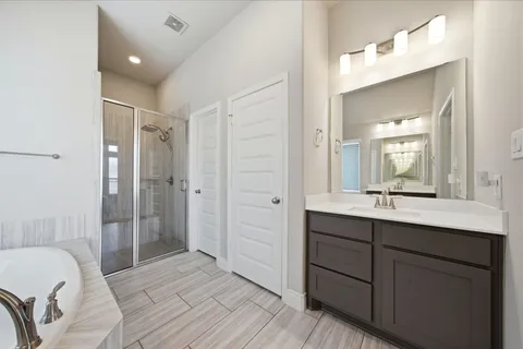 a bathroom with a sink mirror and a shower